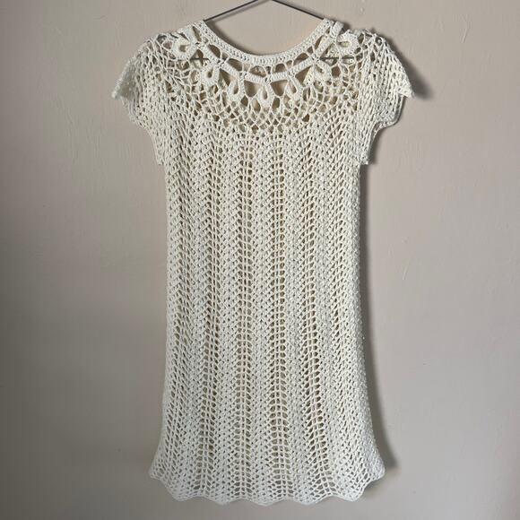 Mumu Mellow Crochet The Day Away Beige Cream Short Sleeve Dress Coverup Size M - Picture 2 of 11